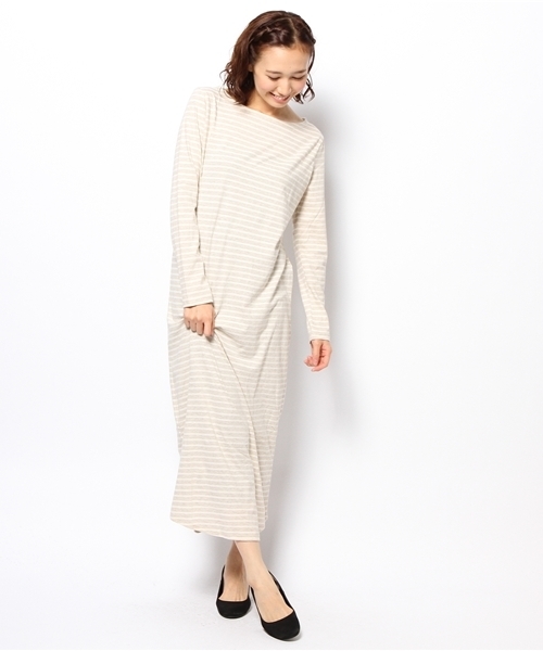 laule'a sunny side store(ラウレアサニーサイドストア)の「ボートネックボーダーワンピース(ワンピース・レディース・杢グレー/ベージュ/ネイビー・FREE)」の2枚目の写真