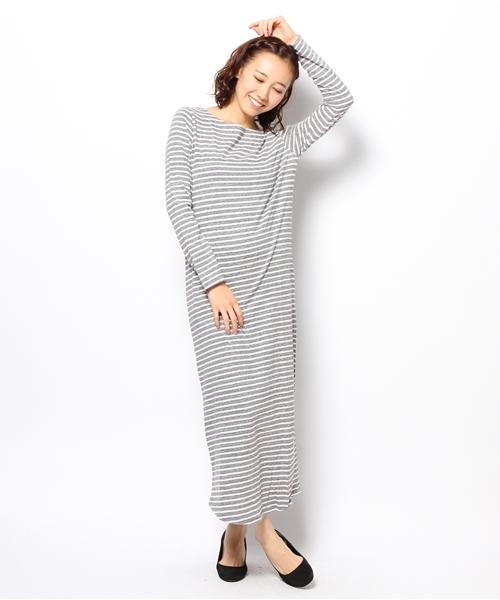 laule'a sunny side store(ラウレアサニーサイドストア)の「ボートネックボーダーワンピース(ワンピース・レディース・杢グレー/ベージュ/ネイビー・FREE)」の3枚目の写真