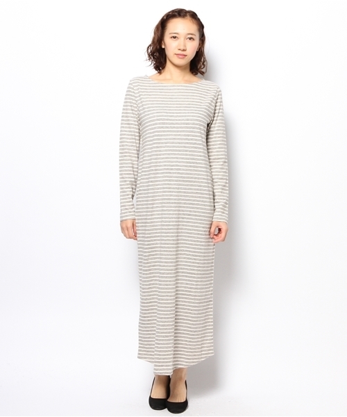 laule'a sunny side store(ラウレアサニーサイドストア)の「ボートネックボーダーワンピース(ワンピース・レディース・杢グレー/ベージュ/ネイビー・FREE)」の4枚目の写真