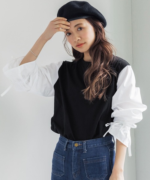 coca(coca)(コカ)の「シャツ袖ドッキングTシャツ(Tシャツ/カットソー・レディース・ブラック・ONE SIZE)」の1枚目の写真