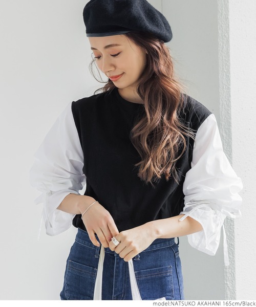 coca(coca)(コカ)の「シャツ袖ドッキングTシャツ(Tシャツ/カットソー・レディース・ブラック・ONE SIZE)」の7枚目の写真