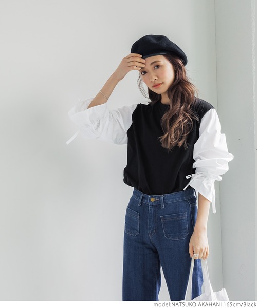 coca(coca)(コカ)の「シャツ袖ドッキングTシャツ(Tシャツ/カットソー・レディース・ブラック・ONE SIZE)」の9枚目の写真