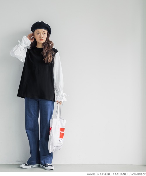 coca(coca)(コカ)の「シャツ袖ドッキングTシャツ(Tシャツ/カットソー・レディース・ブラック・ONE SIZE)」の2枚目の写真