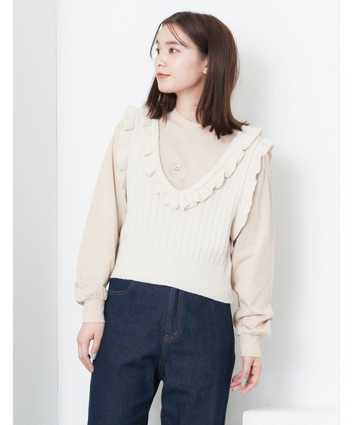 POU DOU DOU（プードゥドゥ）の「コンパクトフリルニットベスト（ベスト・レディース・ベージュ/ネイビー/アイボリー・3）」の7枚目の写真