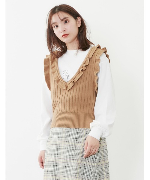 POU DOU DOU（プードゥドゥ）の「コンパクトフリルニットベスト（ベスト・レディース・ベージュ/ネイビー/アイボリー・3）」の14枚目の写真