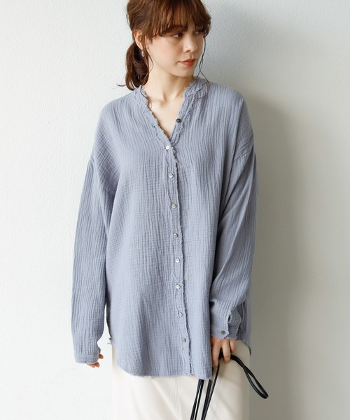 Auntie Rosa Holiday（アンティローザホリデー）の「カットオフダブルガーゼシャツ（シャツ/ブラウス・レディース・ブラック/ホワイト/モカ/ブルー/グリーン・FREE）」の5枚目の写真