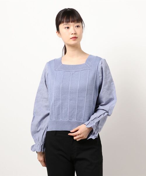 Hamble by Par Avion(ハンブルバイパラビオン)の「袖レースニット(ニット/セーター・レディース・ブルー/オフホワイト・ONESIZE)」の5枚目の写真