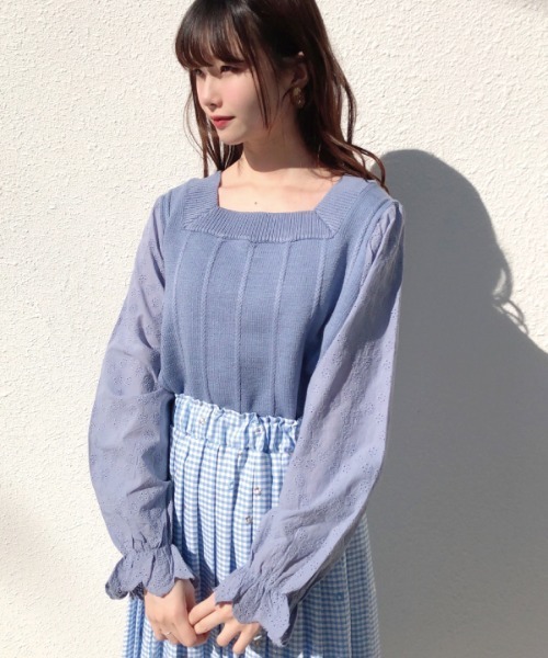 Hamble by Par Avion(ハンブルバイパラビオン)の「袖レースニット(ニット/セーター・レディース・ブルー/オフホワイト・ONESIZE)」の7枚目の写真