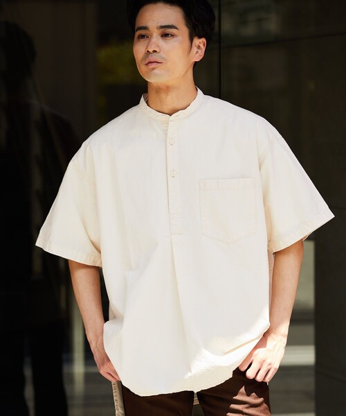 HINSON（ヒンソン）の「HINSON/ヒンソン スタンドカラープルオーバーミリタリーシャツ ショート スリーブ/スリーピングシャツ（シャツ/ブラウス・メンズ・ホワイト/ブラック/モスグリーン/オフホワイト・MEDIUM/LARGE）」の6枚目の写真