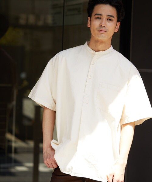 HINSON（ヒンソン）の「HINSON/ヒンソン スタンドカラープルオーバーミリタリーシャツ ショート スリーブ/スリーピングシャツ（シャツ/ブラウス・メンズ・ホワイト/ブラック/モスグリーン/オフホワイト・MEDIUM/LARGE）」の7枚目の写真