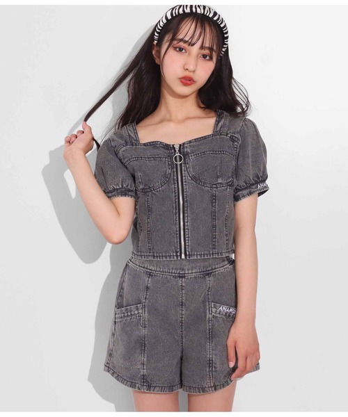 ANAP GｉRL（アナップガール）の「前ZIPデニムトップス（Tシャツ/カットソー・キッズ・ブラック・XS/S/M）」の2枚目の写真