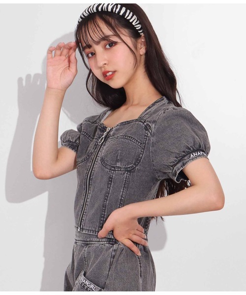 ANAP GｉRL（アナップガール）の「前ZIPデニムトップス（Tシャツ/カットソー・キッズ・ブラック・XS/S/M）」の3枚目の写真