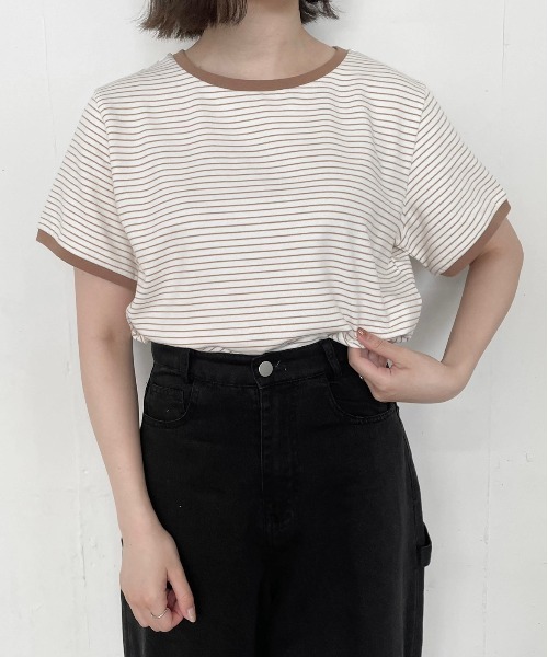 flaner(フラネ)の「ルーズボーダーTee(Tシャツ/カットソー・レディース・ベージュ/カーキ・FREE)」の1枚目の写真