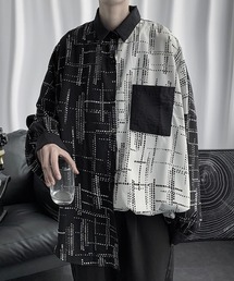 KOR | オーバーサイズ バイカラー シャツ ドロップショルダー 総柄 モノトーン(シャツ/ブラウス)