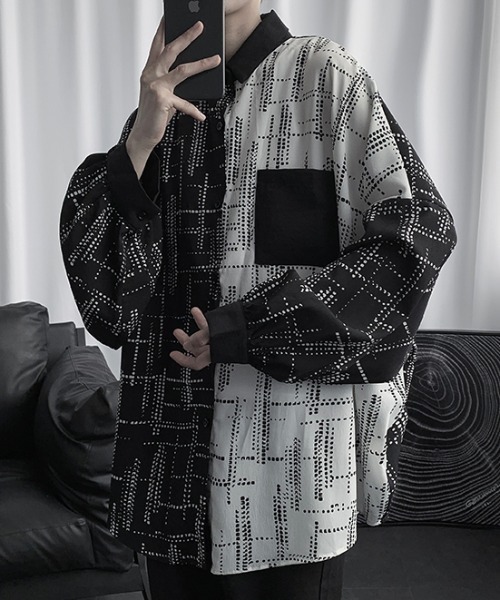 KOR（ケーオーアール）の「オーバーサイズ バイカラー シャツ ドロップショルダー 総柄 モノトーン（シャツ/ブラウス・メンズ・ホワイト×ブラック・M/L/2XL/XL）」の8枚目の写真