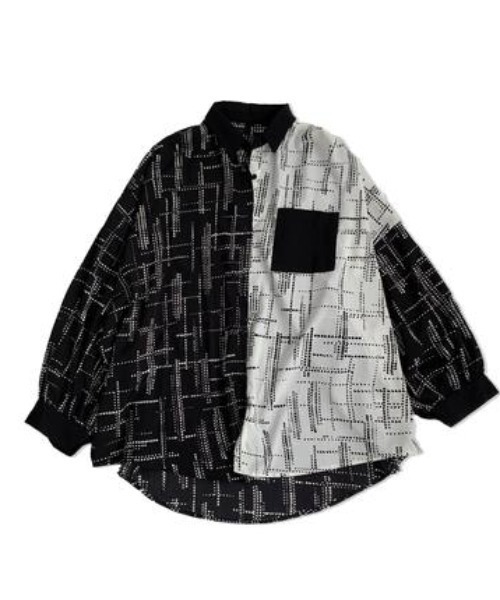 KOR（ケーオーアール）の「オーバーサイズ バイカラー シャツ ドロップショルダー 総柄 モノトーン（シャツ/ブラウス・メンズ・ホワイト×ブラック・M/L/2XL/XL）」の3枚目の写真