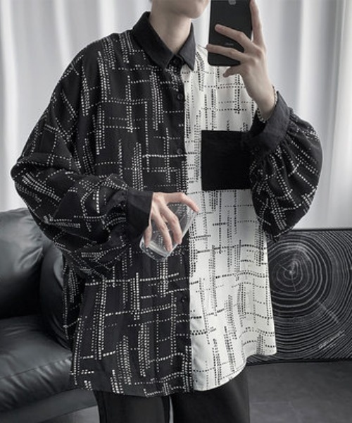 KOR（ケーオーアール）の「オーバーサイズ バイカラー シャツ ドロップショルダー 総柄 モノトーン（シャツ/ブラウス・メンズ・ホワイト×ブラック・M/L/2XL/XL）」の7枚目の写真