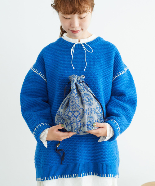 リクエスト＊ロラライハリス♡ライトブルーWデニム刺繍の丸底巾着バッグ♡チャーム リクエスト＊ロラライハリス♡ライトブルーWデニム刺繍の丸底