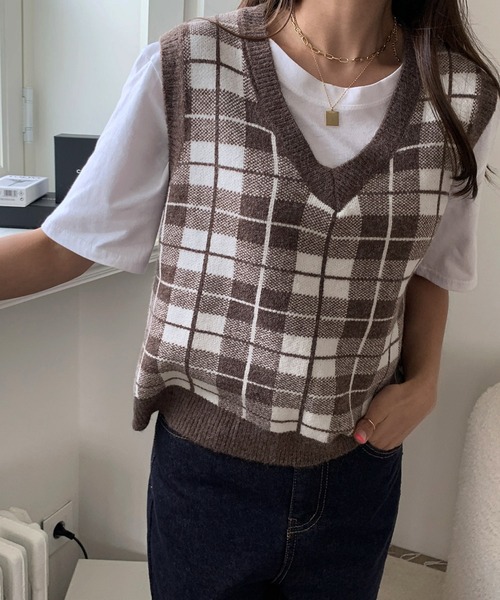 セール】シンプルチェックニットベスト（ベスト）｜me+em select