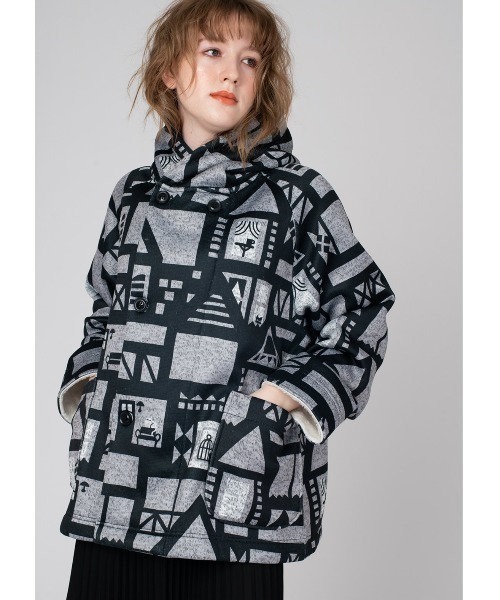 Design Tshirts Store graniph(デザイン ティーシャツ ストア グラニフ)の「アパートメントストーリー|ニットフリースマルチパターンフーデッドコート(ダウンジャケット/コート・レディース・ヘザーグレー・FREE)」の1枚目の写真