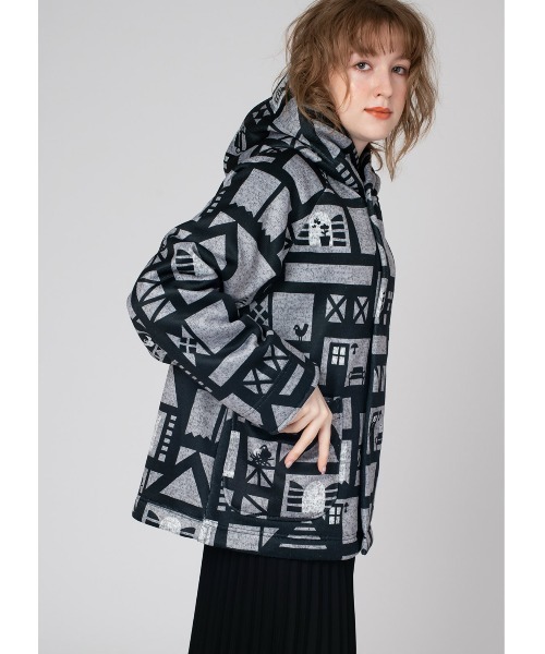 Design Tshirts Store graniph(デザイン ティーシャツ ストア グラニフ)の「アパートメントストーリー|ニットフリースマルチパターンフーデッドコート(ダウンジャケット/コート・レディース・ヘザーグレー・FREE)」の7枚目の写真