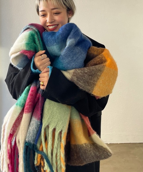 Shelly island（シェリーアイランド）の「チェックボリュームマフラー（マフラー・レディース・オレンジ/ブルー/グリーン・FREE）」の22枚目の写真