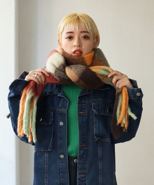 Shelly island（シェリーアイランド）の「チェックボリュームマフラー（マフラー・レディース・オレンジ/ブルー/グリーン・FREE）」の17枚目の写真