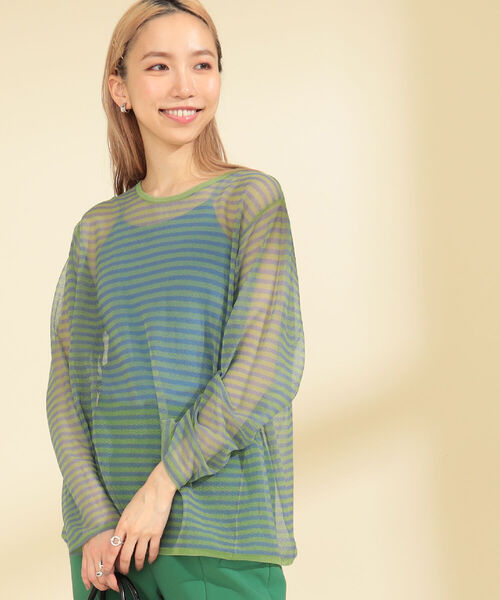 Ray BEAMS(レイビームス)の「Ray BEAMS / シアー ボーダー クルーネック ニット(ニット/セーター・レディース・ベージュ/ケリー・ONE SIZE)」の4枚目の写真