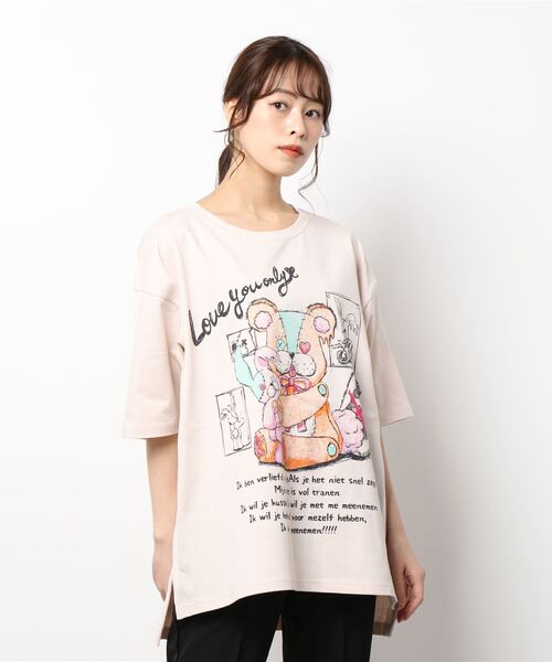 ScoLar(スカラー)の「121639:ウサギ大好きクマ柄BIG Tシャツ(Tシャツ/カットソー・レディース・チャコールグレー/オフホワイト/ピンク・M)」の3枚目の写真
