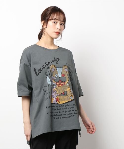 ScoLar(スカラー)の「121639:ウサギ大好きクマ柄BIG Tシャツ(Tシャツ/カットソー・レディース・チャコールグレー/オフホワイト/ピンク・M)」の2枚目の写真