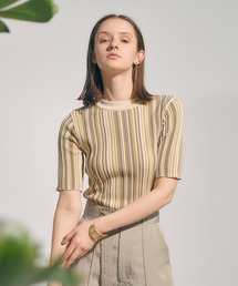 PUBLIC TOKYO | ストライプハーフスリーブリブニット/ウォッシャブル(ニット/セーター)