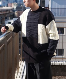 編み柄ブロッキング パッチワークケーブルニット