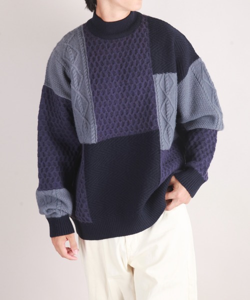 WESTSEA(ウエストシー)の「編み柄ブロッキング パッチワークケーブルニット(ニット/セーター・メンズ・ネイビー/グリーン/ブラック・M/L)」の4枚目の写真
