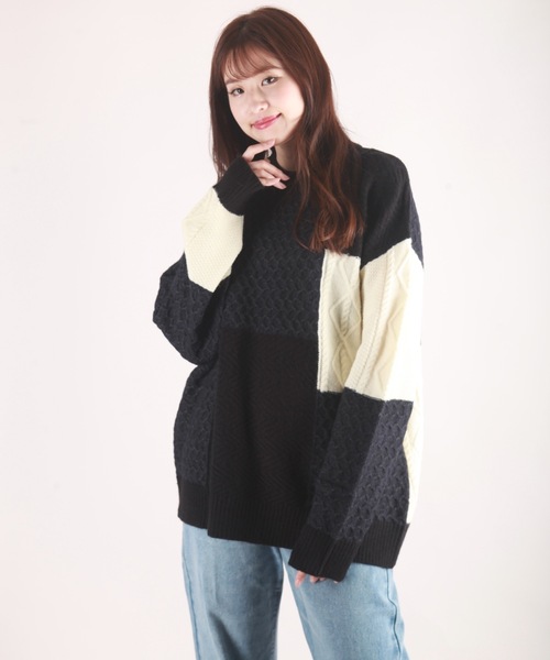 WESTSEA(ウエストシー)の「編み柄ブロッキング パッチワークケーブルニット(ニット/セーター・メンズ・ネイビー/グリーン/ブラック・M/L)」の13枚目の写真