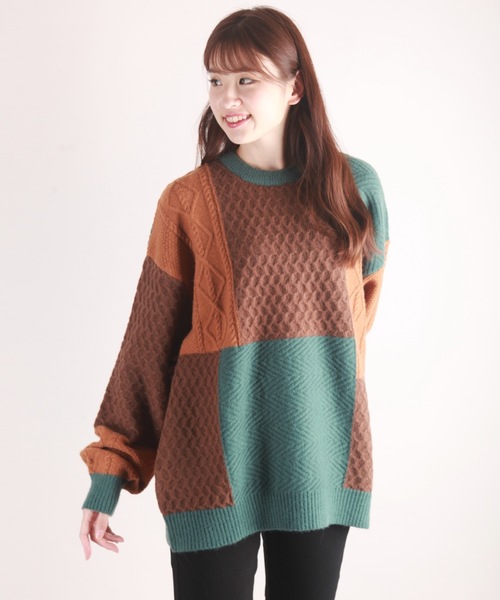 WESTSEA(ウエストシー)の「編み柄ブロッキング パッチワークケーブルニット(ニット/セーター・メンズ・ネイビー/グリーン/ブラック・M/L)」の9枚目の写真