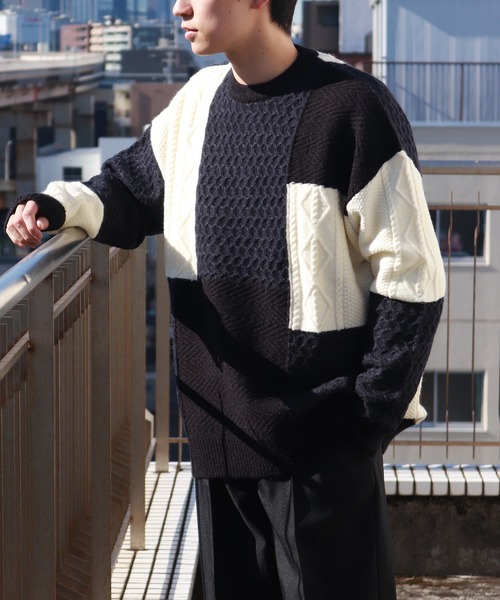 WESTSEA(ウエストシー)の「編み柄ブロッキング パッチワークケーブルニット(ニット/セーター・メンズ・ネイビー/グリーン/ブラック・M/L)」の18枚目の写真
