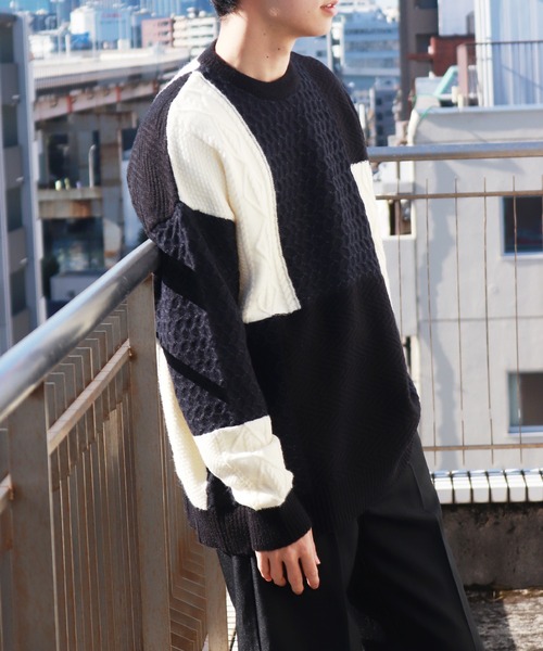 WESTSEA(ウエストシー)の「編み柄ブロッキング パッチワークケーブルニット(ニット/セーター・メンズ・ネイビー/グリーン/ブラック・M/L)」の17枚目の写真