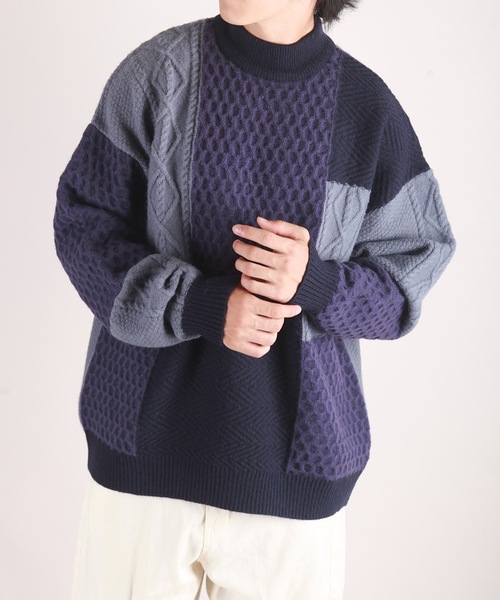 WESTSEA(ウエストシー)の「編み柄ブロッキング パッチワークケーブルニット(ニット/セーター・メンズ・ネイビー/グリーン/ブラック・M/L)」の19枚目の写真