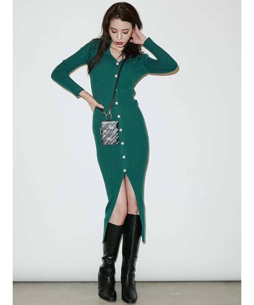 GYDA（ジェイダ）の「POLOデザイン ニットロングワンピース（ワンピース・レディース・ブラック/グリーン・FREE）」の4枚目の写真