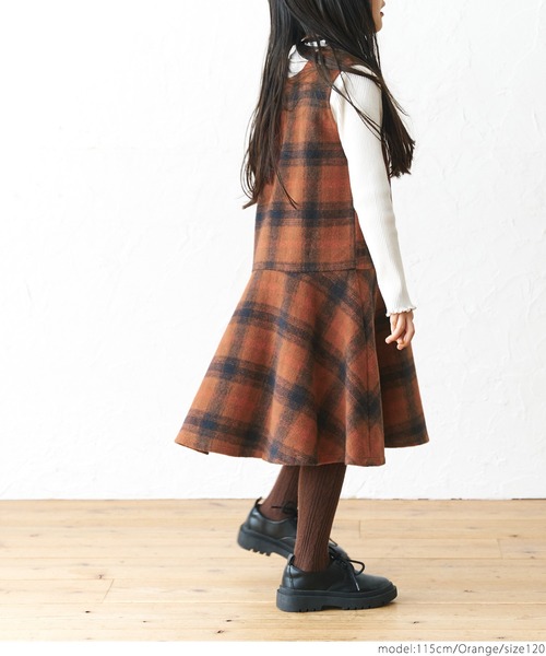 coca（coca）（コカ）の「キッズ 親子お揃い前後2wayヘビーネルチェック柄フレアジャンパースカート（ジャンパースカート・キッズ・ブラウン/オレンジ・100/110/120/130）」の10枚目の写真
