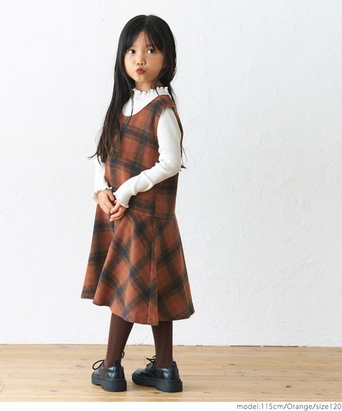coca（coca）（コカ）の「キッズ 親子お揃い前後2wayヘビーネルチェック柄フレアジャンパースカート（ジャンパースカート・キッズ・ブラウン/オレンジ・100/110/120/130）」の11枚目の写真