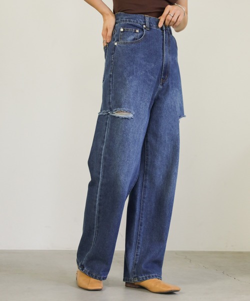 select MOCA（セレクトモカ）の「ダメージワイドデニムパンツ（デニムパンツ・レディース・インディゴブルー/ブラック/ライトブルー・SMALL/MEDIUM）」の3枚目の写真