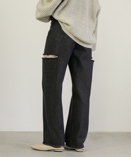 select MOCA（セレクトモカ）の「ダメージワイドデニムパンツ（デニムパンツ・レディース・インディゴブルー/ブラック/ライトブルー・SMALL/MEDIUM）」の2枚目の写真