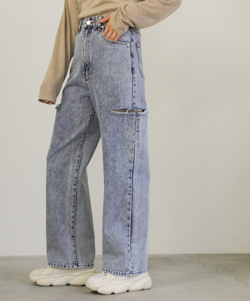 select MOCA（セレクトモカ）の「ダメージワイドデニムパンツ（デニムパンツ・レディース・インディゴブルー/ブラック/ライトブルー・SMALL/MEDIUM）」の16枚目の写真