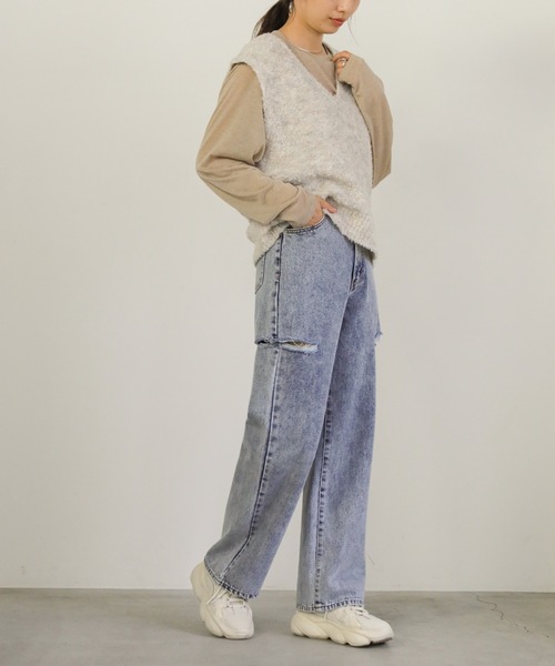 select MOCA（セレクトモカ）の「ダメージワイドデニムパンツ（デニムパンツ・レディース・インディゴブルー/ブラック/ライトブルー・SMALL/MEDIUM）」の4枚目の写真