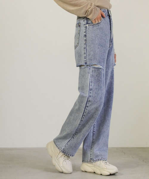 select MOCA（セレクトモカ）の「ダメージワイドデニムパンツ（デニムパンツ・レディース・インディゴブルー/ブラック/ライトブルー・SMALL/MEDIUM）」の12枚目の写真