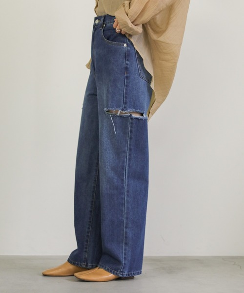 select MOCA（セレクトモカ）の「ダメージワイドデニムパンツ（デニムパンツ・レディース・インディゴブルー/ブラック/ライトブルー・SMALL/MEDIUM）」の9枚目の写真