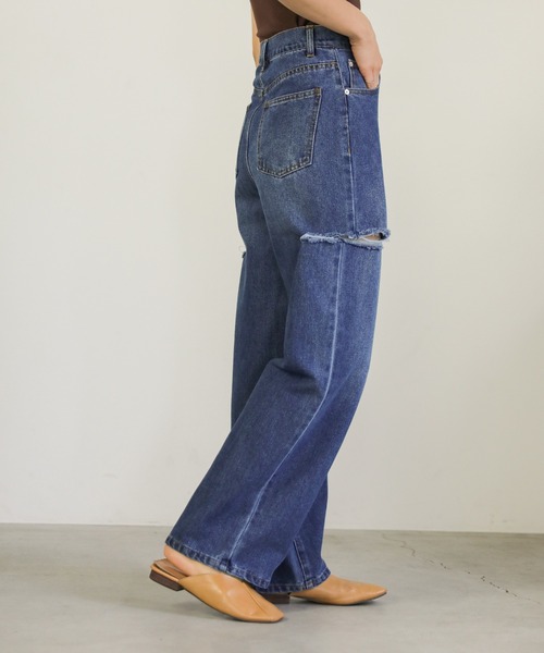 select MOCA（セレクトモカ）の「ダメージワイドデニムパンツ（デニムパンツ・レディース・インディゴブルー/ブラック/ライトブルー・SMALL/MEDIUM）」の13枚目の写真