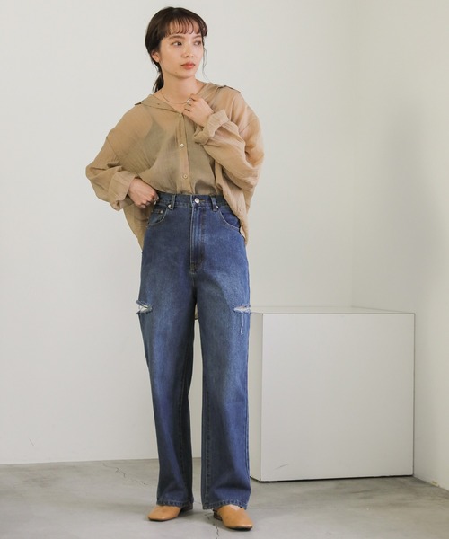 select MOCA（セレクトモカ）の「ダメージワイドデニムパンツ（デニムパンツ・レディース・インディゴブルー/ブラック/ライトブルー・SMALL/MEDIUM）」の5枚目の写真