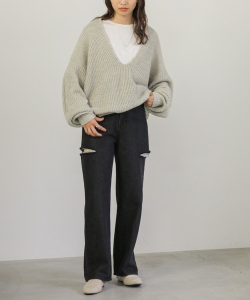 select MOCA（セレクトモカ）の「ダメージワイドデニムパンツ（デニムパンツ・レディース・インディゴブルー/ブラック/ライトブルー・SMALL/MEDIUM）」の7枚目の写真